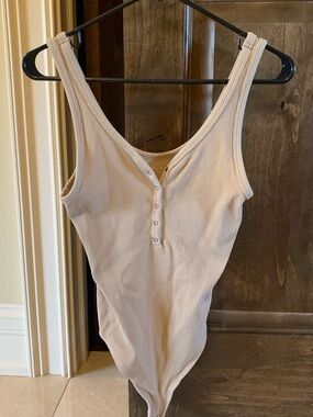 Abercrombie & Fitch Ribbed Snap-Front One-Piece Bodysuit in Tan